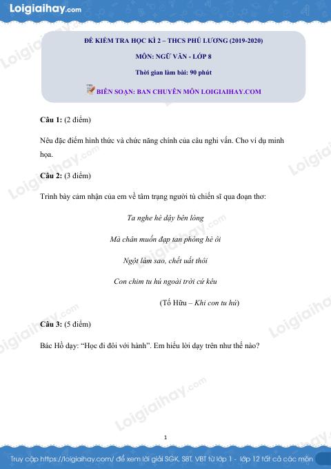 Đề thi kì 2 môn Văn lớp 8 năm 2019 - 2020 Trường THCS Phú Lương